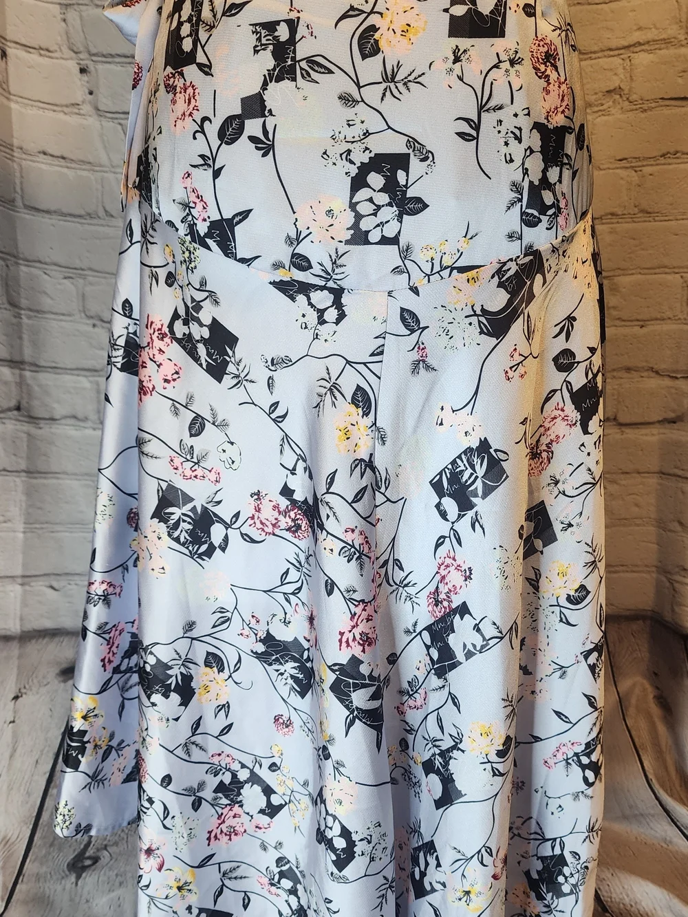 InShop Floral Wrap Skirt in White with Black & Soft Pink Blooms